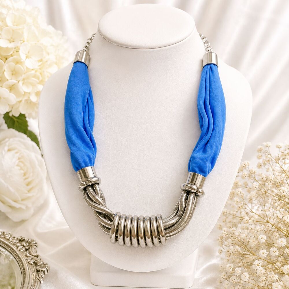 Silver Tone Twisted Ringed Blue Knit Statement Necklace